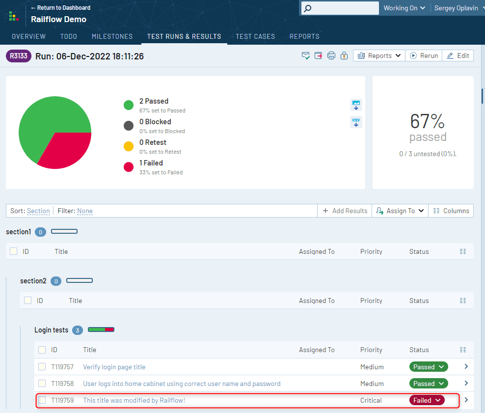 Test results in TestRail