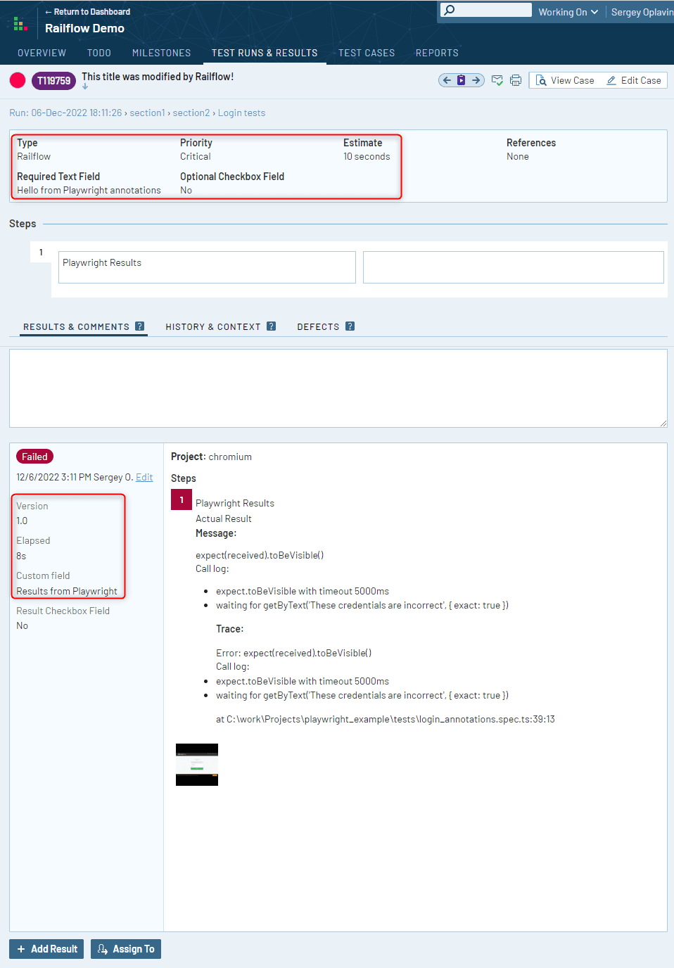 Test results in TestRail