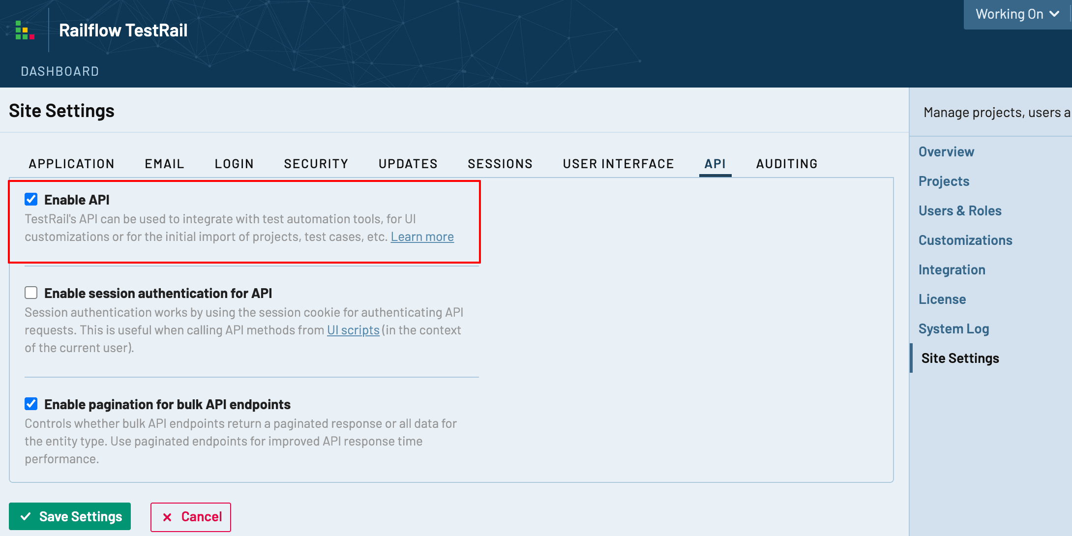 TestRail site settings